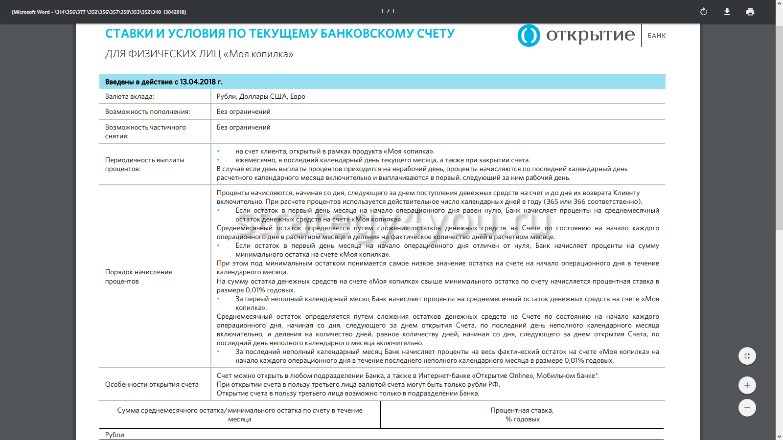 Банк Открытие вклады для физических лиц, ставки (проценты)